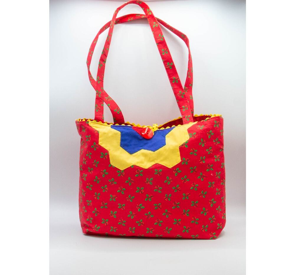 Handmade Red Tote Bag Colorful Christmas Patchwork Shoulder Bag Festive Work Bag